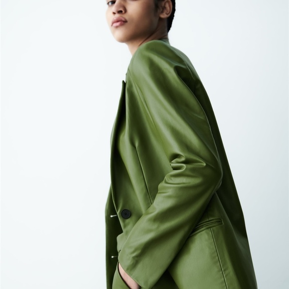 ZARA 2pcs Faux Leather Blazer + Full Length Faux Leather Pants Green BNWT - Picture 5 of 8
